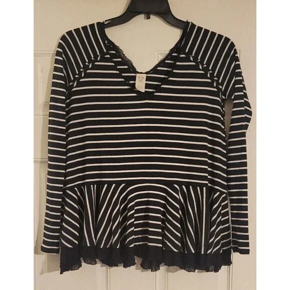 Free People We The Free Tangerine Black and White Striped Peplum Top Size Small - Picture 2 of 12